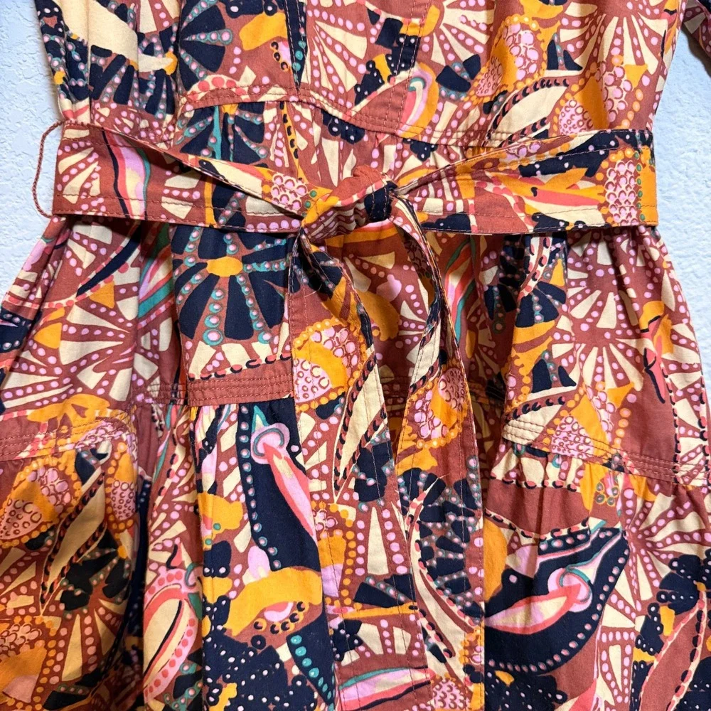 A.L.C. Maya Cotton Mini Dress Womens 8 Brown Abstract Floral Puff Sleeve Belted